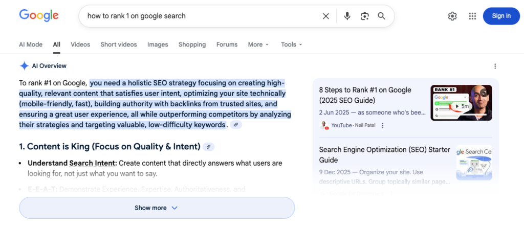 Google AI-generated overview showing steps on how to rank #1 on Google, illustrating AI Search insights for SEO